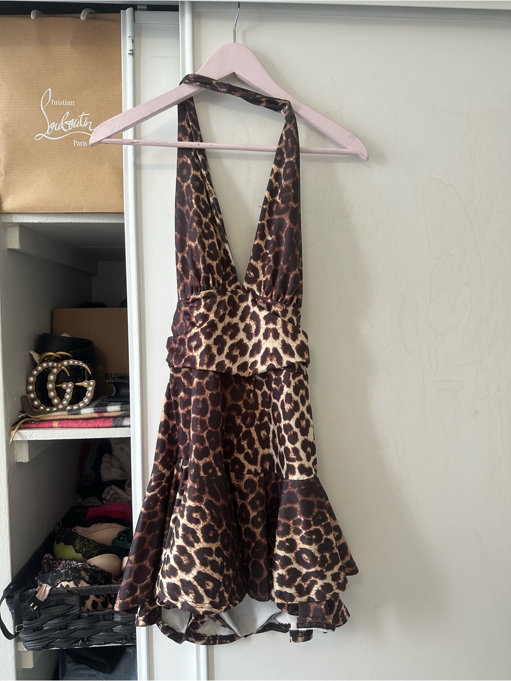 Leopard Print Halter Mini Dress - Brown & Cream